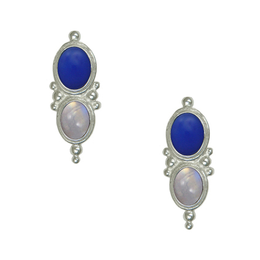 Sterling Silver Drop Dangle Earrings With Blue Onyx And Rainbow Moonstone